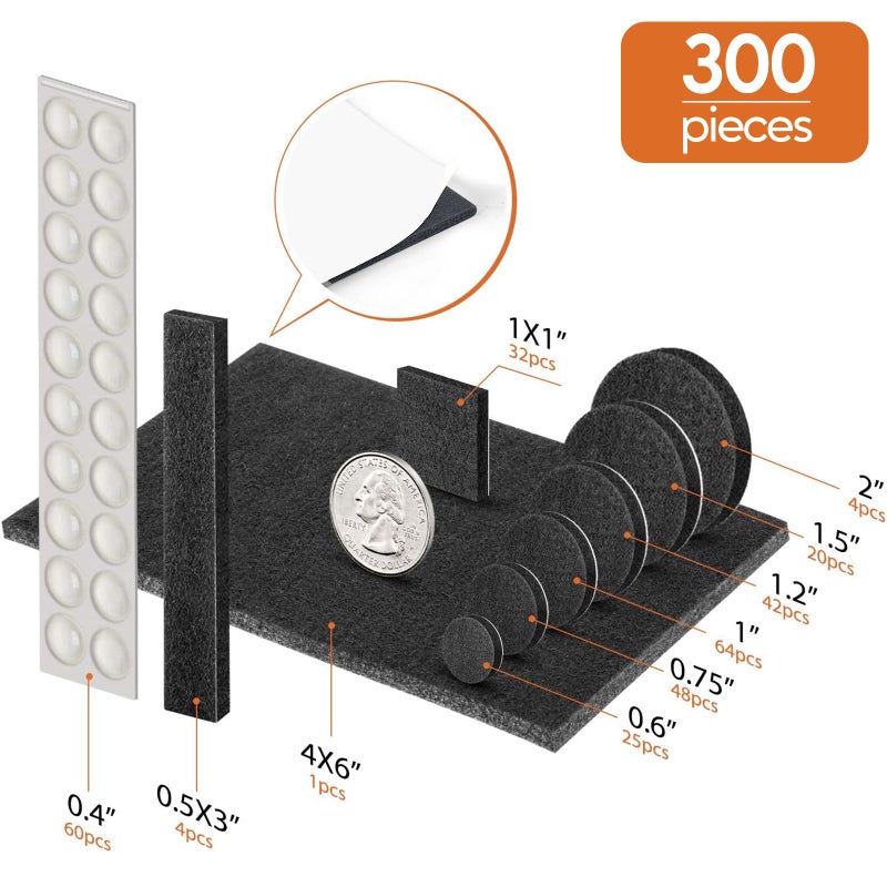 BAIPOK Furniture Pads 300 Pieces Felt Furniture Pads Premium Huge Pack, BAIPOK Self Adhesive Anti Scratch Floor Protectors for Desk Chair Legs and 60 Rubber Bumpers for Hardwood Tile Floor - Image 4